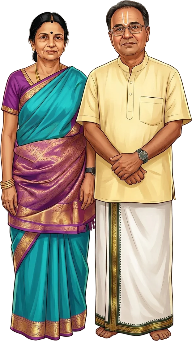 Illustration of the groom's parents, Vijayalakshmi Sayiram and S. Sayiram